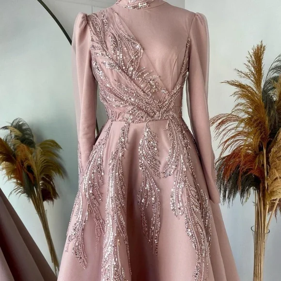 Blush Pink Long Sleeve Beaded A-Line Dress - Picture 3 of 4